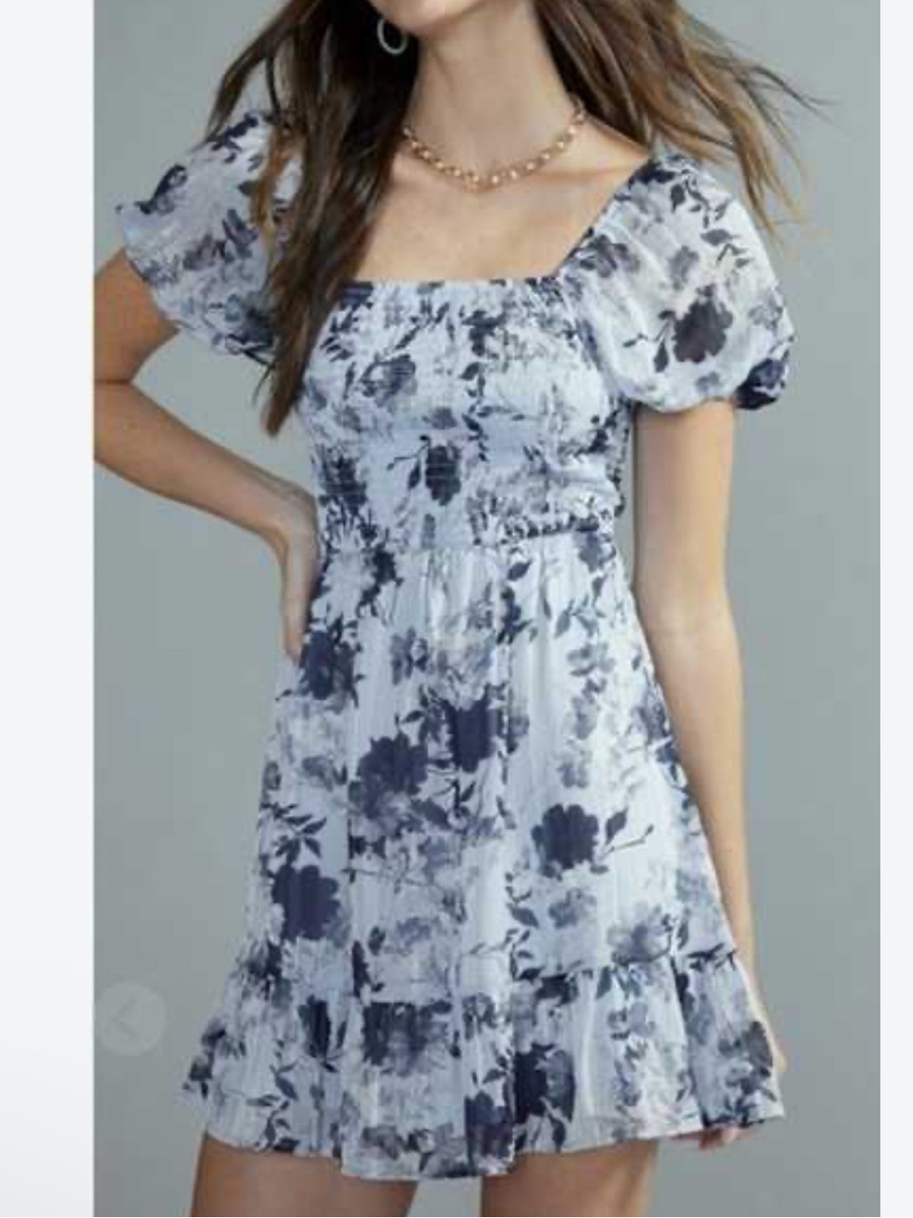 Francesca's Rosie French Collections Blue & Navy Floral Puff-Sleeve Dress Size M